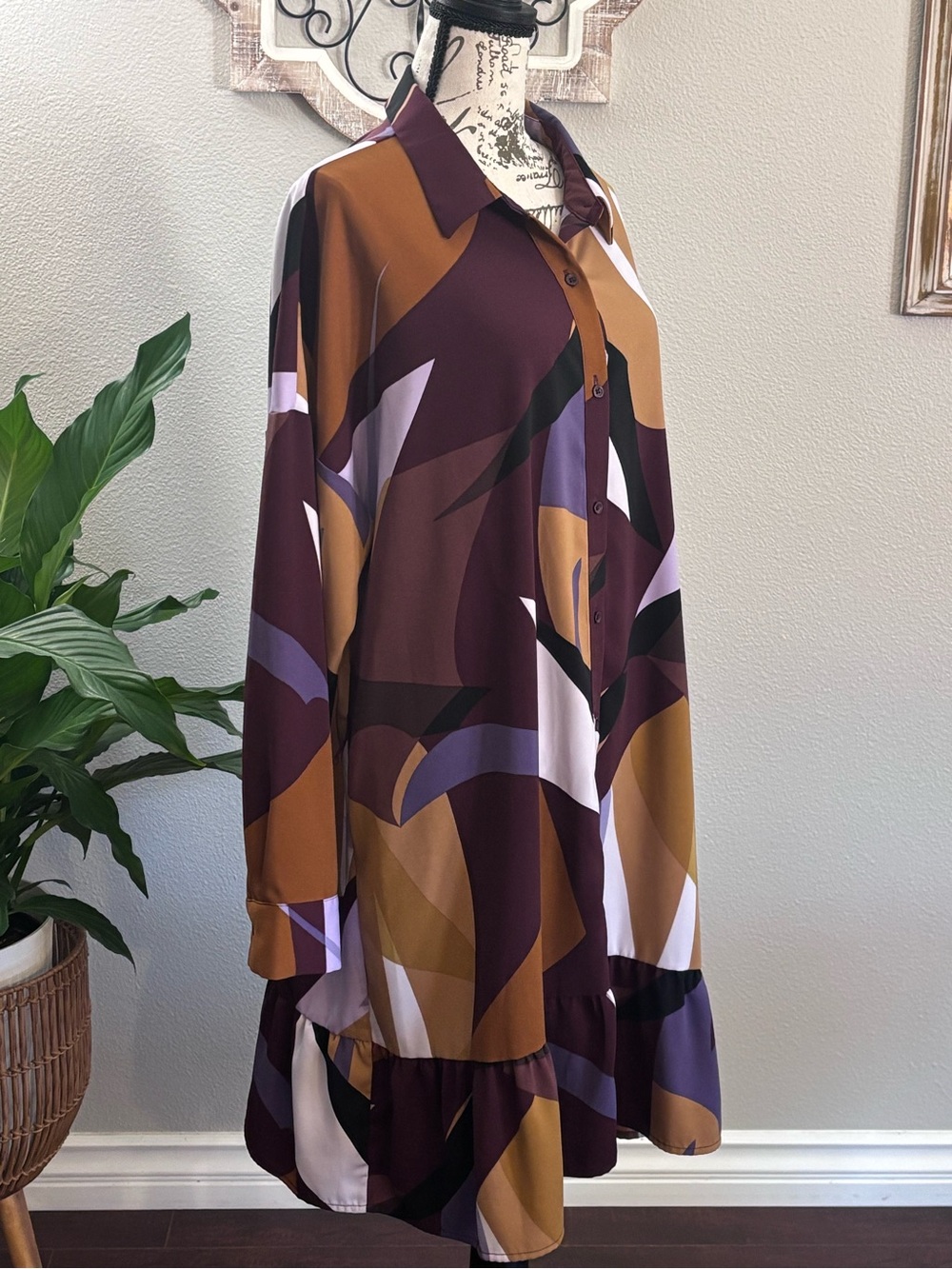 Nine West Abstract Button-Front Long-Sleeve Dress - Maroon, Mustard & Lavender - Picture 3 of 7